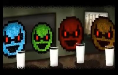 Film still from 'O My Brothers' (2005) by Jon Beaton. Four, different-coloured smiley-face emojis with evil red eyes hover at a bar. On the bar are four pint glasses containing milk.